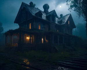 Obraz premium Night horror house. Scary halloween mansion with fog. Generative AI