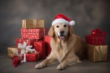 Dog with Christmas hat and presents