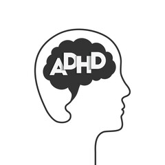 ADHD and brain concept. Head silhouette, profile face outline. Human mind and attention deficit hyperactivity disorder. Vector illustration isolated on white background. - obrazy, fototapety, plakaty