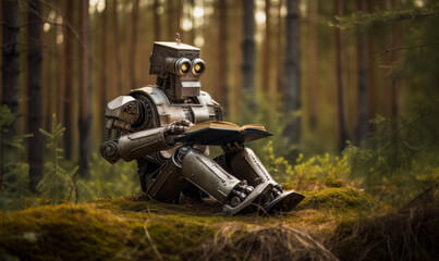 Robot sitting in nature. Cyborg machine relaxing. Generative AI.