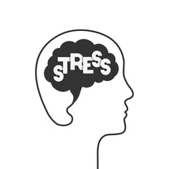 Stress concept with head, face outline, brain silhouette. Mental or emotional stress, feeling stressed, stressing over something or stress management. Vector illustration isolated on white background.