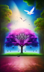 Landscape with pink tree and birds. Beautiful magical environment. Colorful scenery. Generative AI.