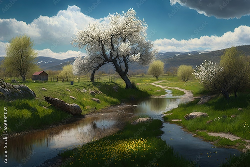 Poster View of the springtime countryside in falgars d en bas Generative AI