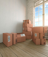 Piles of cardboard boxes in an empty room by a window on moving in day 3d render