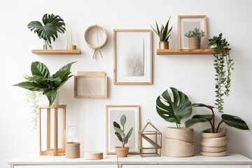 Featuring flowers and plants, a vintage white shelf holds a wooden frame. Generative AI