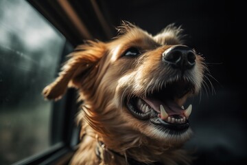 Obraz premium Dog on road trip sticking its head out of car window
