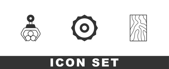 Set Grapple crane grabbed a log, ircular saw blade and Wooden beam icon. Vector