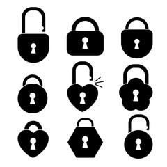 Set of locks of different shapes. Silhouette flat style.