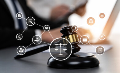 Smart law, legal advice icons and lawyer working tools in the lawyers office showing concept of digital law and online technology of astute law and regulations .