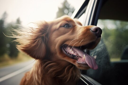 Dog on road trip sticking its head out of car window