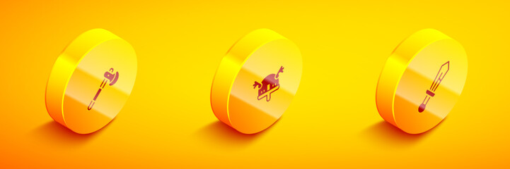 Set Isometric Wooden axe, Viking in horned helmet and Medieval sword icon. Vector