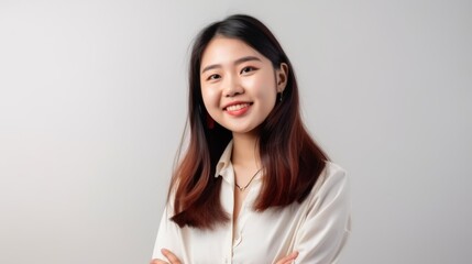Obraz premium Portrait of smiling young asian woman with crossed hands on a white background. Generative AI