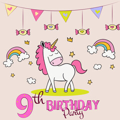 happy birthday card with horse, birthday card with horse, birthday party invitation with baby unicorn, hand drawn unicorn poster design, 9th birthday