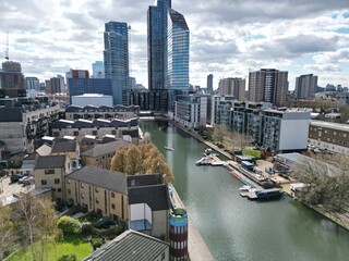 City road basin Regents canal Islington London UK drone aerial view ..