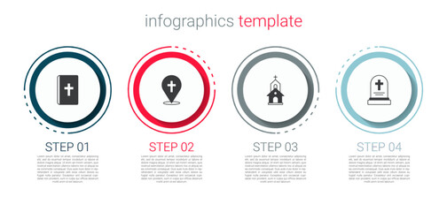 Set Holy bible book, Location church building, Church and Grave with tombstone. Business infographic template. Vector