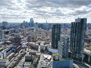 Fototapeta na wymiar Carrara Tower, and Canaletto Tower Islington London UK drone aerial view .