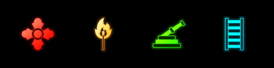 Set Firefighter, Burning match with fire, hose reel and escape icon. Vector