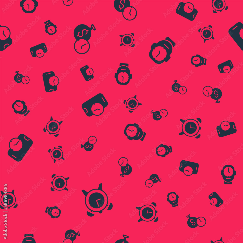 Poster set alarm clock, time is money, app mobile and clock on seamless pattern. vector