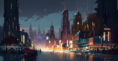 Fototapeta premium digital painting of city at night with colorful lights, Generative AI