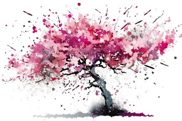 Beautiful Sakura Tree in a Fusion of Japanese Ink, Artistic Splatters and Colourful Paint, Generative AI