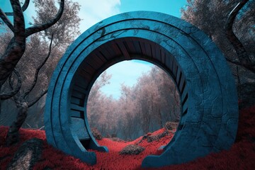 Ominous, Ancient Gateway to a Primeval Red & Blue Forest. Generative AI