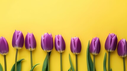Vibrant Spring Blooms: A Captivating Flat Lay of Purple Tulips on a Sunny Yellow Background: Generative AI