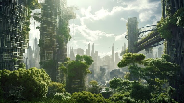 solarpunk futuristic city which has been abandoned and