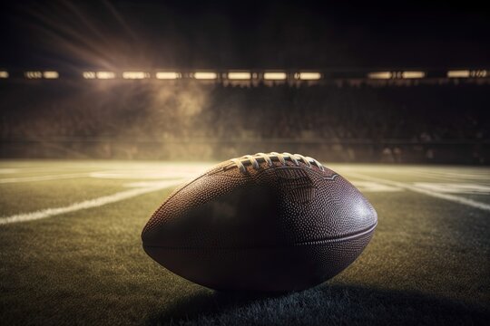 The Champion Team Takes the Spotlight: Illuminated American Football on a Shiny Light-filled Background. Generative AI