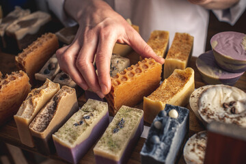 Female soap maker holds a handmade honey soap in her hands. A lot of different sliced pieces. Eco-friendly natural craft cosmetics