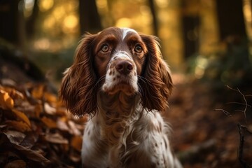 A sweet spaniel dog is portrayed in a leaf covered, sunlit fall forest. Generative AI