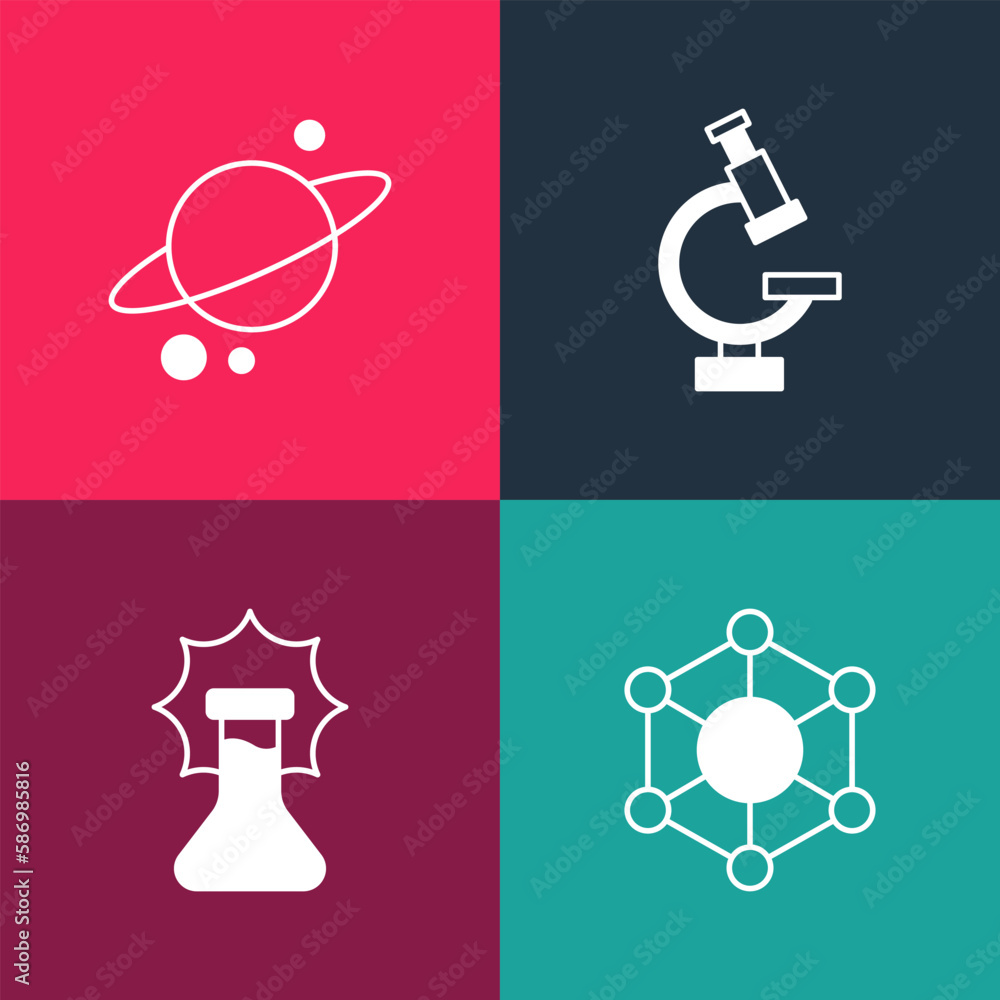 Poster set pop art molecule, explosion in the flask, microscope and planet saturn icon. vector