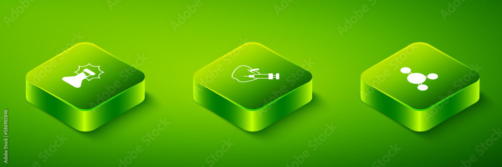 Poster set isometric genetically modified apple, molecule and explosion in the flask icon. vector