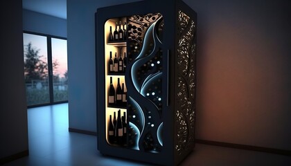 a beautiful wine cabinet with beautiful lights