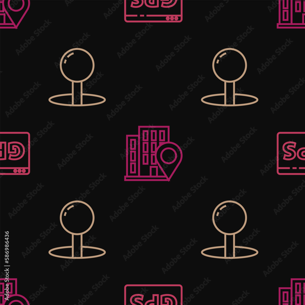 Poster Set line Gps device with map, Push pin and Location house on seamless pattern. Vector