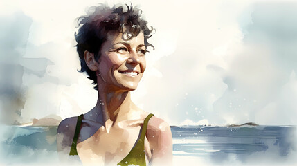 Watercolor illustration of mature caucasian woman with short curly pixie hairstyle wearing bikini standing on ocean beach enjoying sun and water. Holiday, selfcare and health concept. Generative AI - 586986447