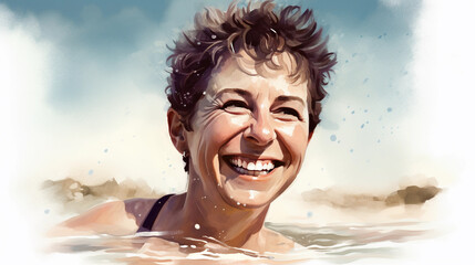Watercolor illustration of mature caucasian woman with short curly pixie hairstyle wearing bikini swimming on ocean beach enjoying sun and smiling. Holiday, selfcare, active lifestyle. Generative AI - 586986455