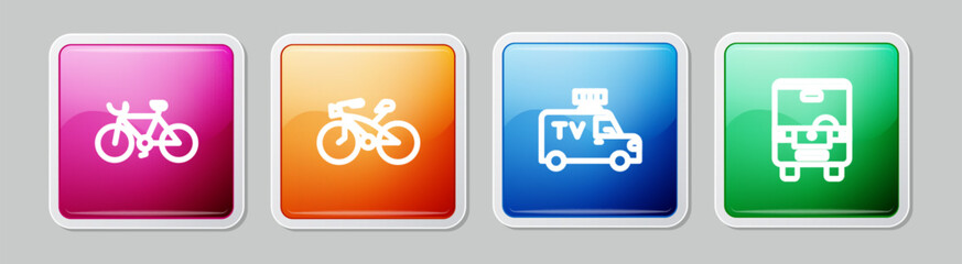 Set line Bicycle, , TV News car and Bus. Colorful square button. Vector