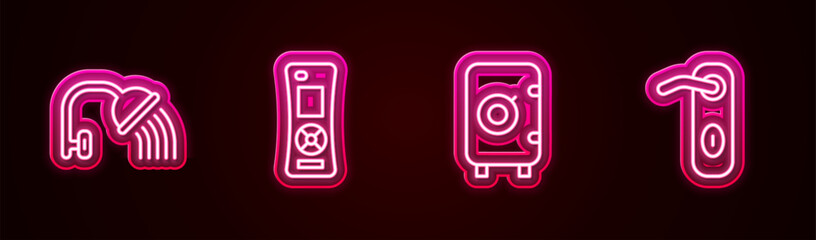 Set line Shower head, Remote control, Safe and Door handle. Glowing neon icon. Vector