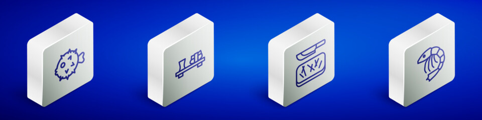 Set Isometric line Fish hedgehog, Sushi on cutting board, Cutting and knife and Shrimp icon. Vector