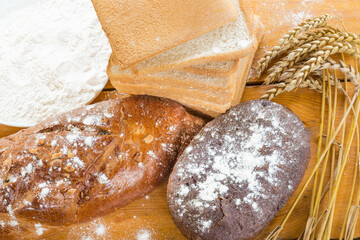 a set of different types of bread. flour, bread and freshly baked buns