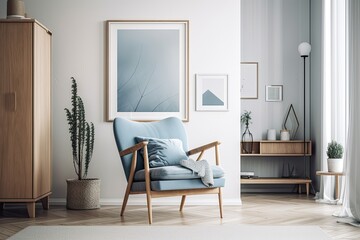 Interior of a white living room with a blue armchair, a vertical poster in a frame, and some drawers. mock up toned double exposed image. Generative AI