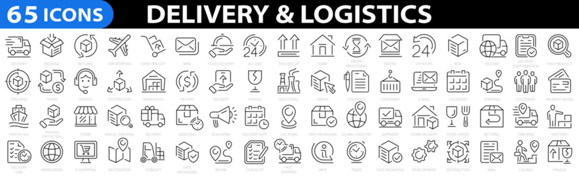 Delivery 65 line icons set. Logistics icon set. Delivery, shipping, logistics. Shipping symbol. Vector illustration.