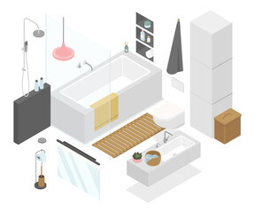 Bathroom in the apartment - modern vector colorful isometric illustrations set