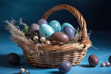 Fototapeta na wymiar basket filled with colorful chocolate eggs on a blue table. Generative AI