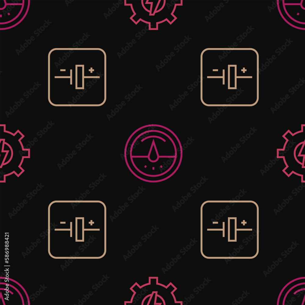 Poster set line gear and lightning, dc voltage source and electric meter on seamless pattern. vector