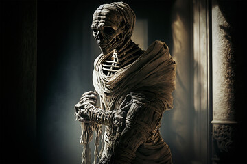 Walking Mummy Horror.  Generative AI.
A digital painting of a scary ancient walking mummy.
