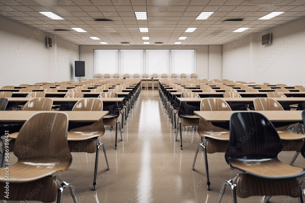 Poster empty classroom with many armchairs. generative ai