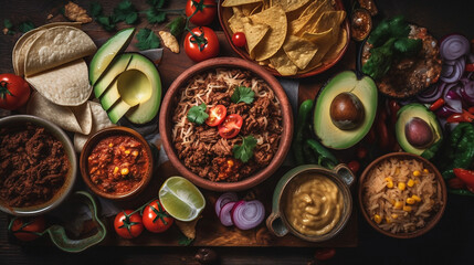 Mexican food with fajitas, chili con carne and nachos with avocado, Generative AI