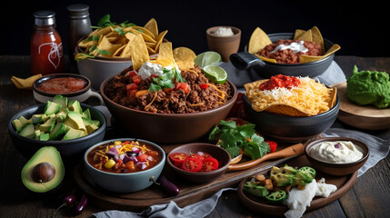 Mexican food with fajitas, chili con carne and nachos, beef and cheese, Generative AI