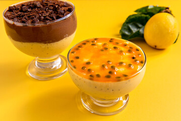 mousse and passion fruit desserts on a yellow background